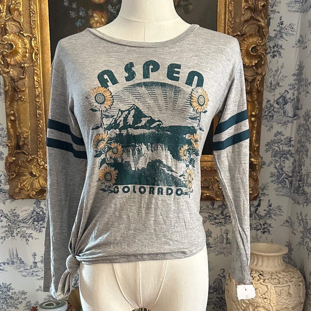 LoveGlamGirl Gray Aspen Colorado Graphic Long Sleeve Top size Small